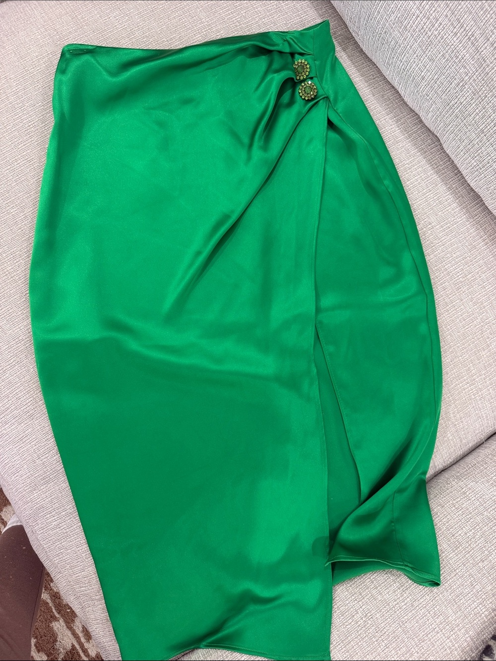 Zara Emerald Satin Wrap Midi Skirt with Decorative Buttons